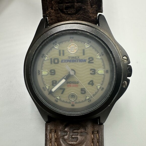 Timex Expedition Watch Men Indiglo Dial Date Window Brown Leeather Band Working - Picture 1 of 14